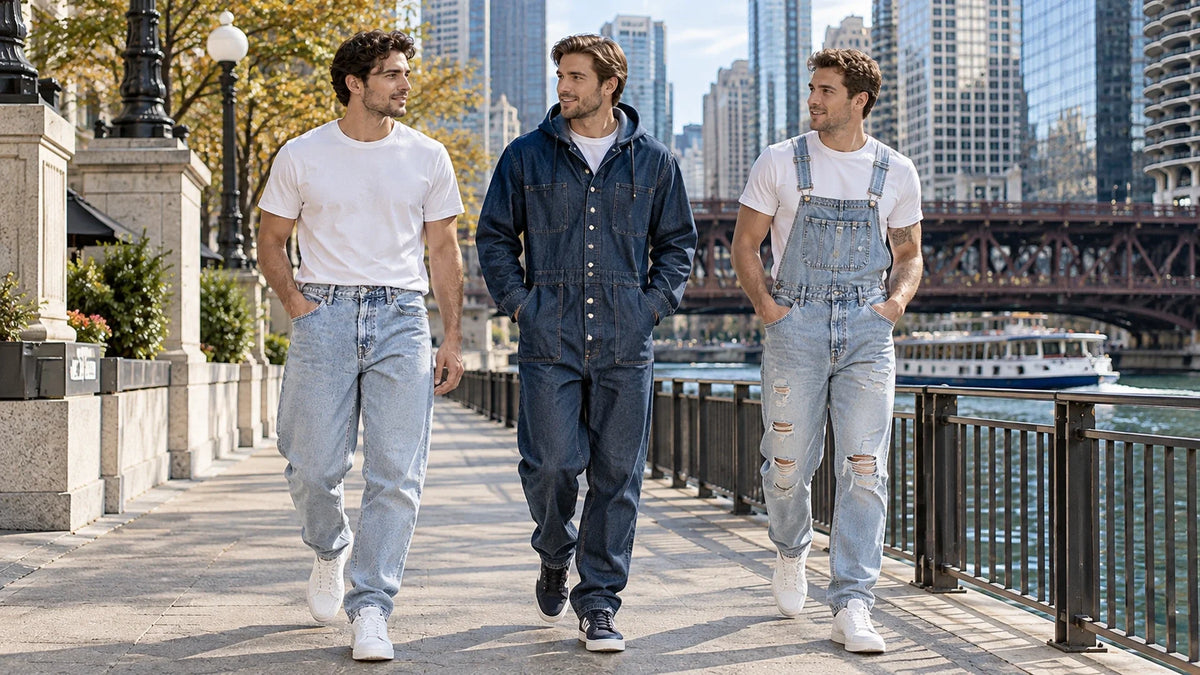 Three men walking along the Chicago Riverwalk wearing light blue high-rise tapered stonewashed jeans with diagonal pockets, a dark blue hooded denim jumpsuit, and light blue slim ripped overalls.