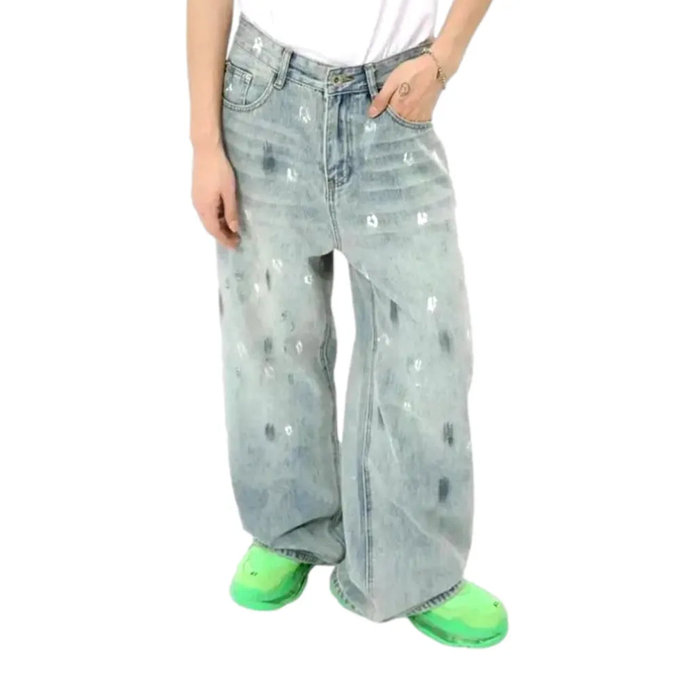 Fashionable Boho Style Painted Jeans for Men - Light Blue