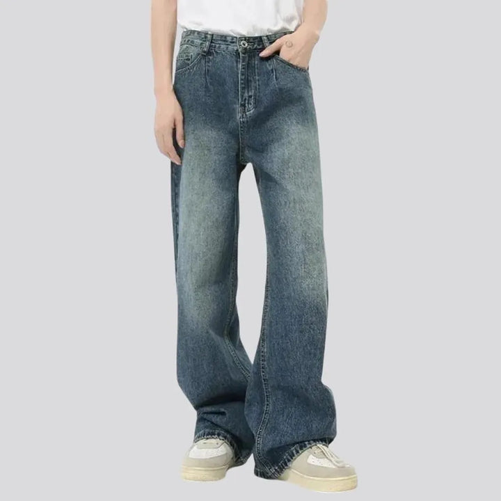 Mid rise one-tone baggy-leg men's jeans