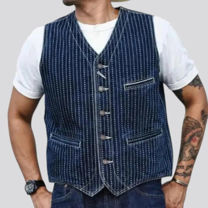 Stylish back-cinch self-edge jean vest for men