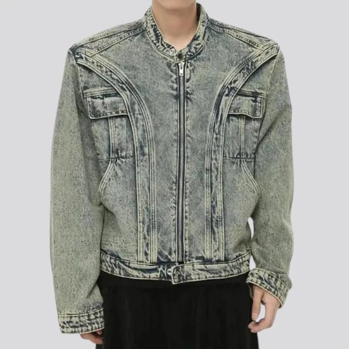 Medium length boho style men's jeans jacket