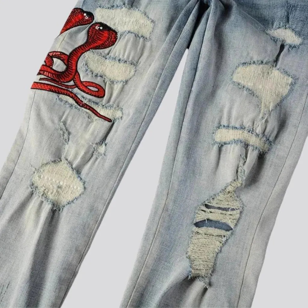 Sanded embroidered skinny red-cobra men's jeans