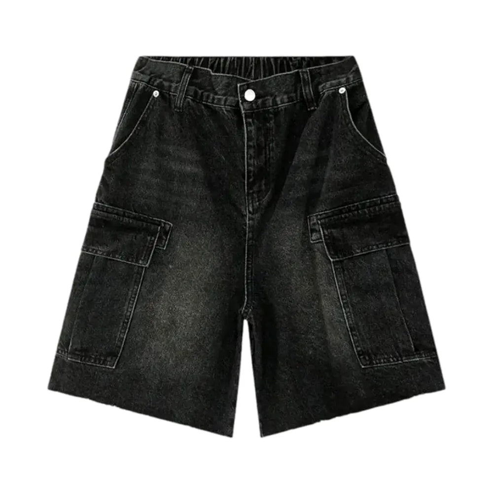 Sanded Baggy Fit Men's Denim Shorts - Black