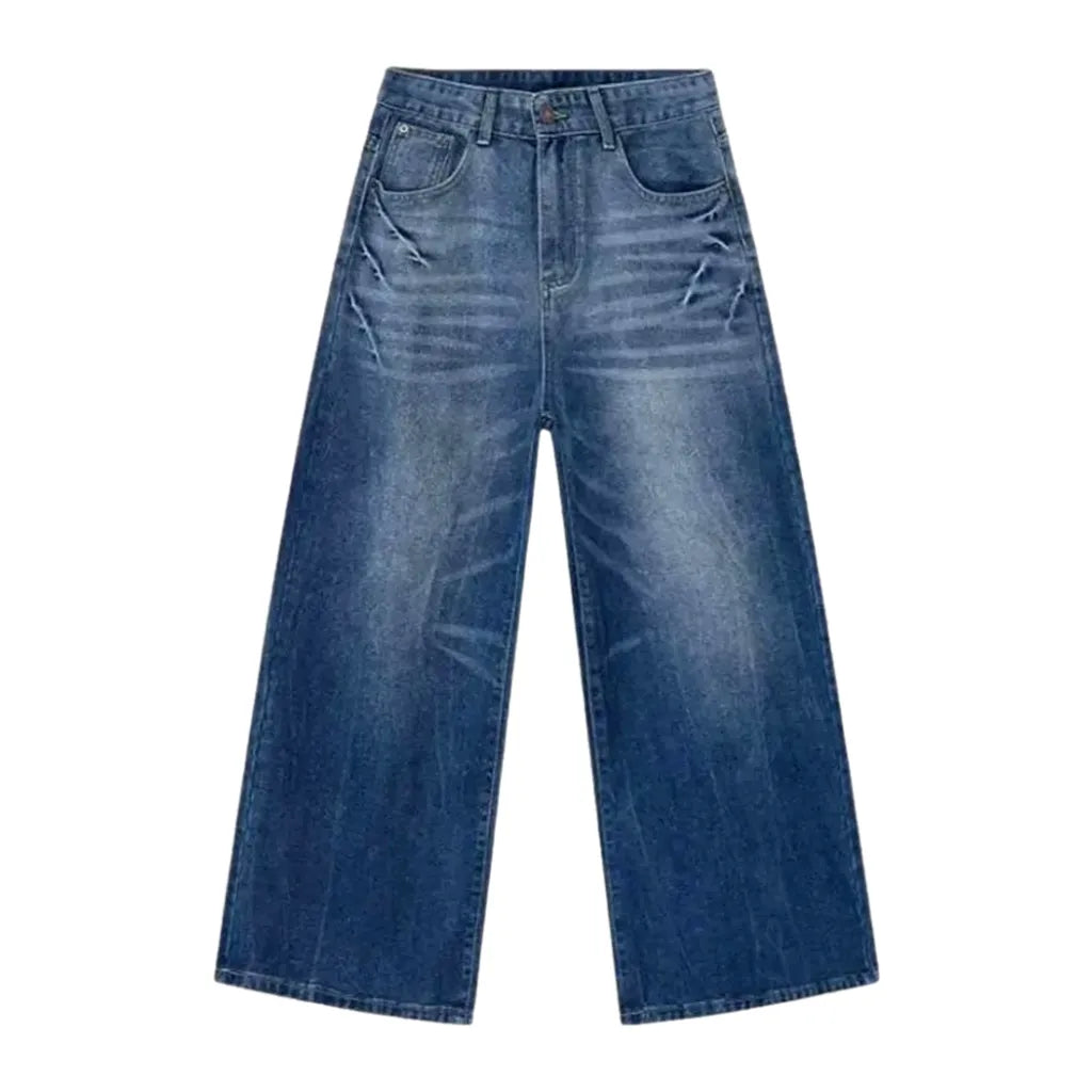 Vintage Street Style Whiskered Baggy Men's Jeans - Blue