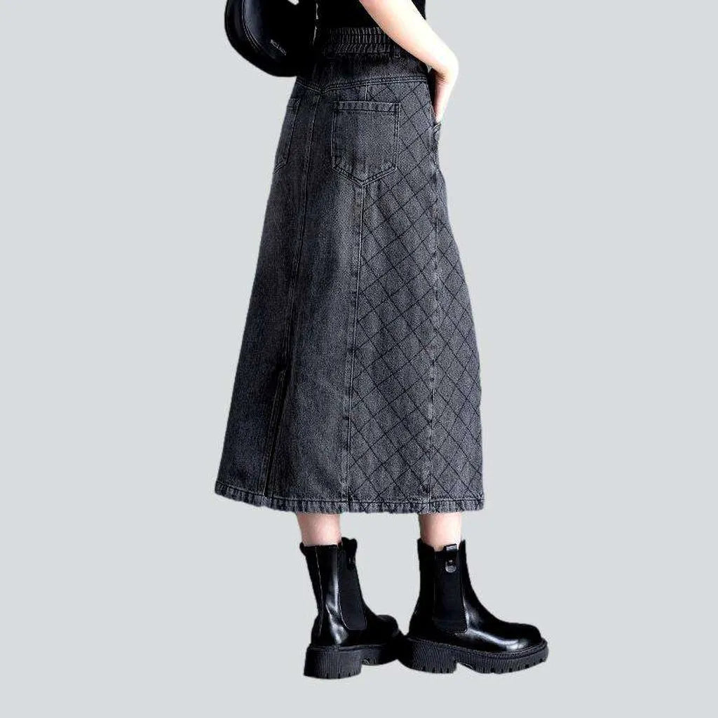 Checkered patchwork grey denim skirt