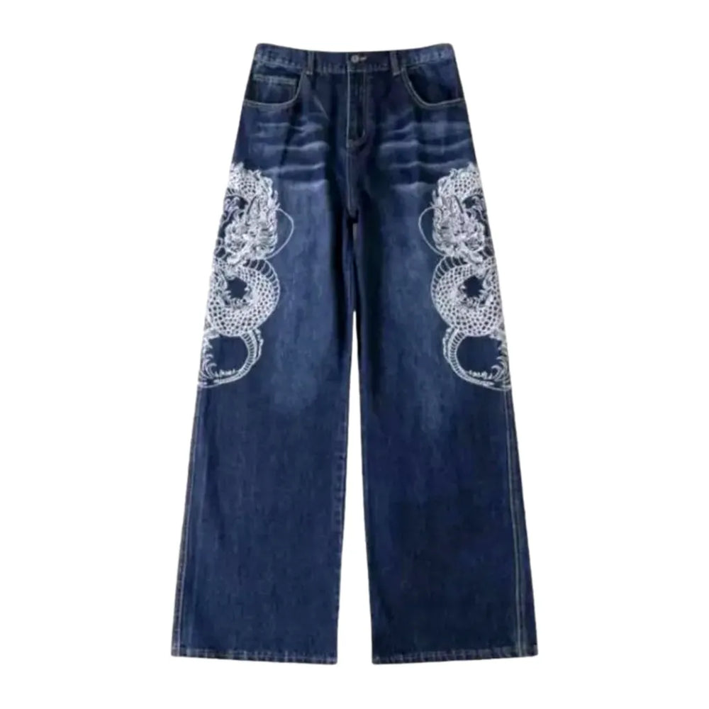 Embroidered Baggy Mid Rise Men's Jeans - Blue