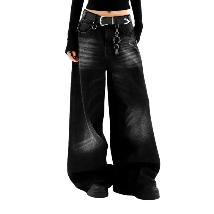 Sanded Whiskered Slouchy Jeans for Women - Black