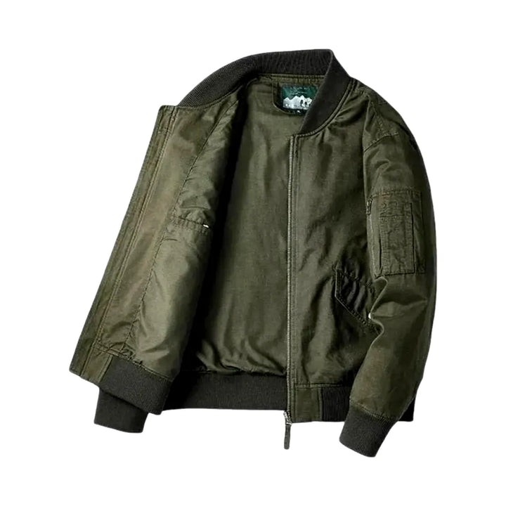 Rubber Hem Casual Men's Jean Bomber Jacket - Khaki