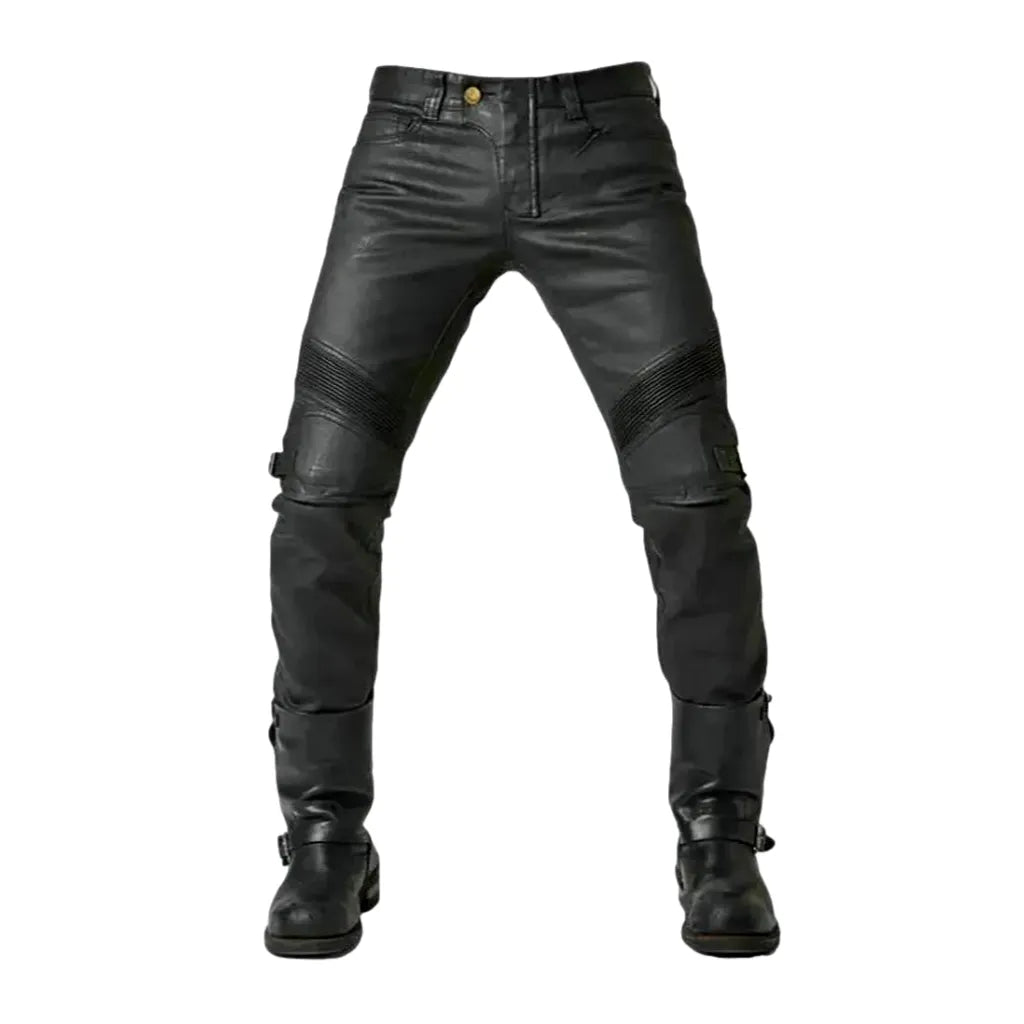 Mid Rise Coated Biker Motorcycle Men's Jean Pants - Black