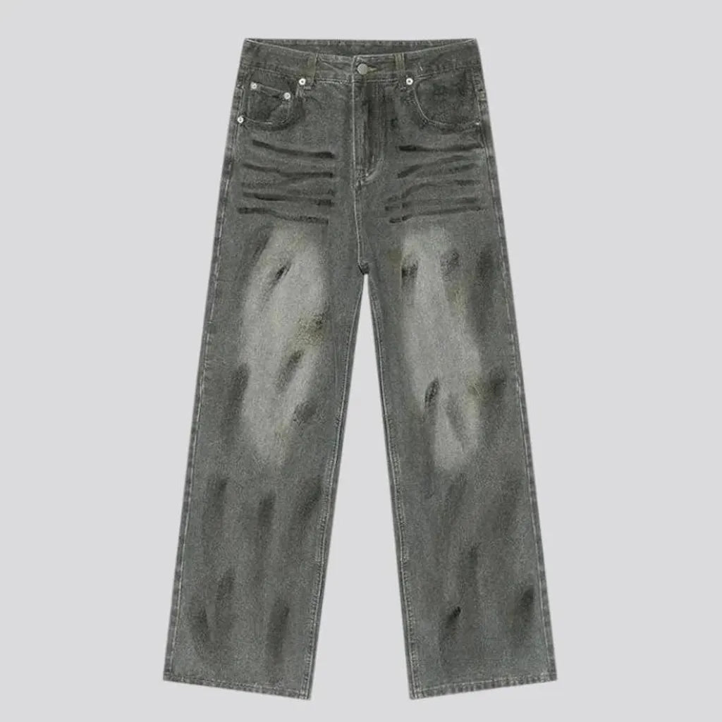 Baggy fit whiskered street jeans for men