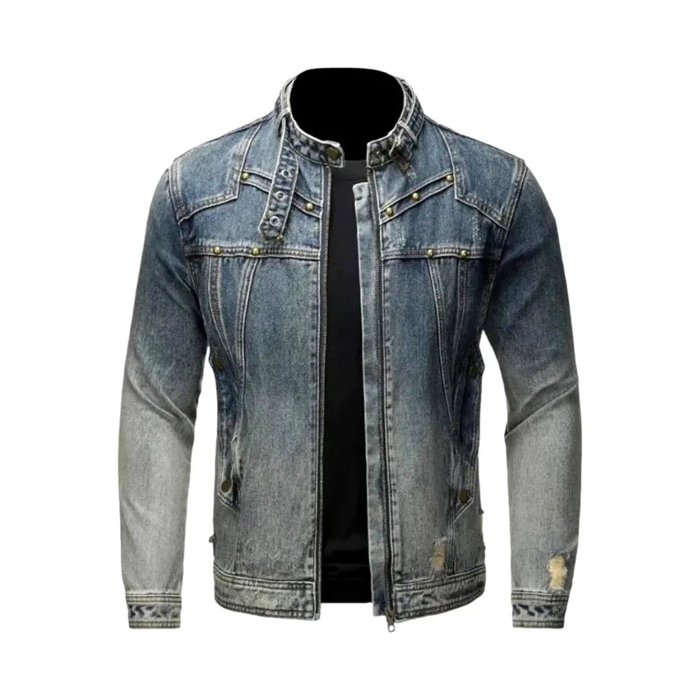 Slim Fit Vintage Distressed Men's Denim Jacket - Blue