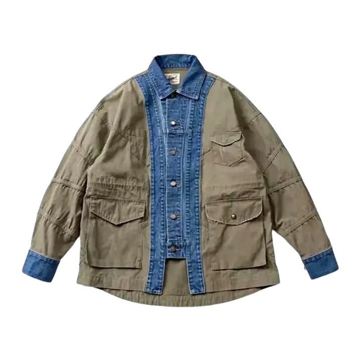 Cargo Pockets Oversized Men's Denim Jacket - Khaki