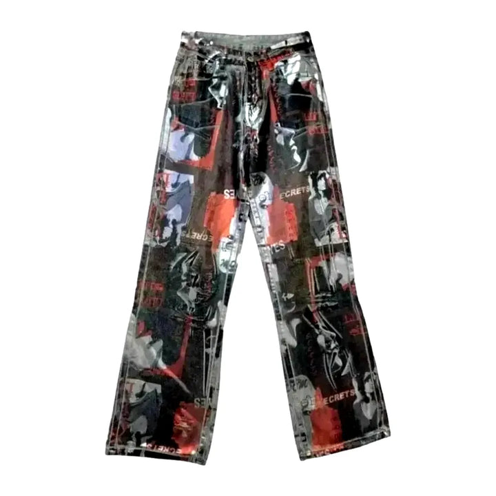 Graphic Print Baggy Women's Jean Pants - Orange