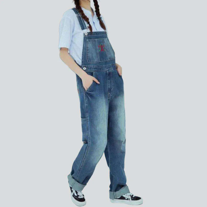 Chest embroidery women's denim dungaree