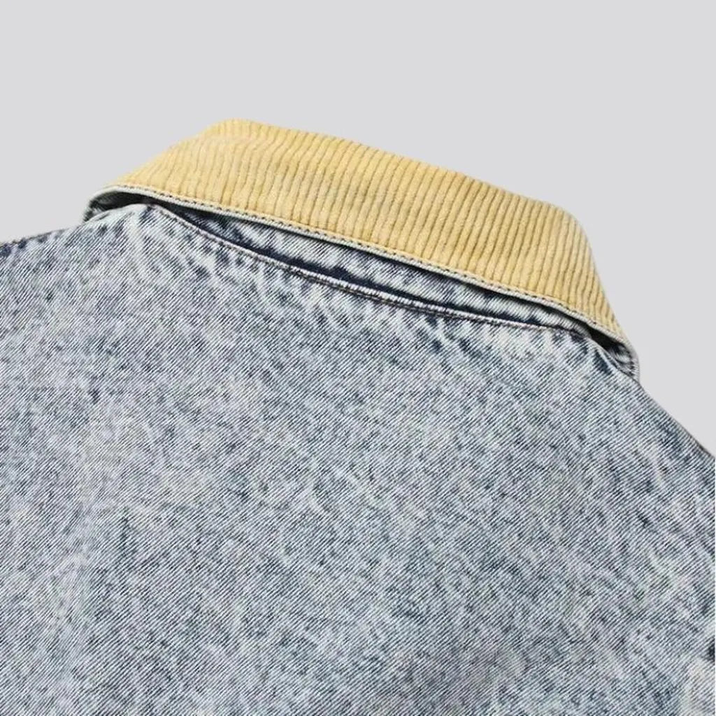 Faded wash corduroy collar denim jacket for women