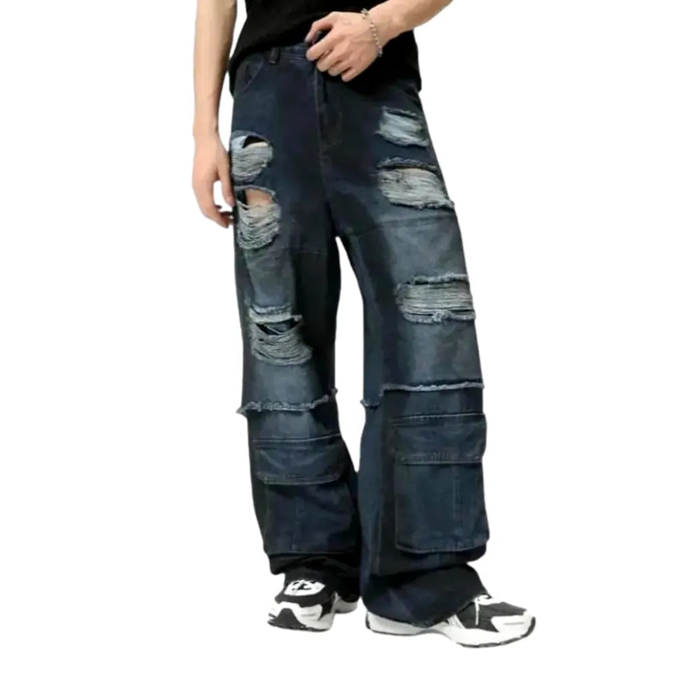 Distressed Dark Wash Baggy Jeans for Men - Dark Blue