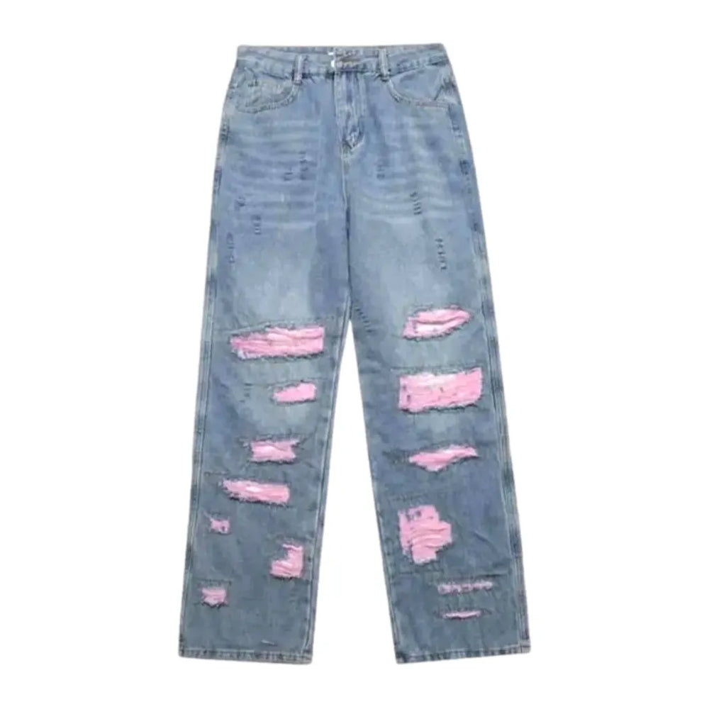 Distressed Pink Patchwork Men's Jeans - Light Blue