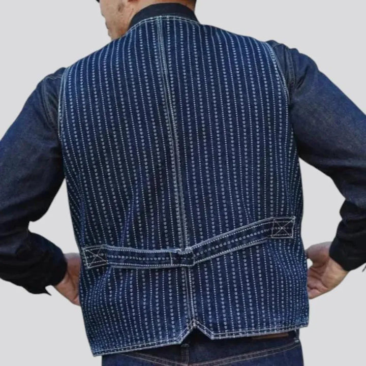 Stylish back-cinch self-edge jean vest for men