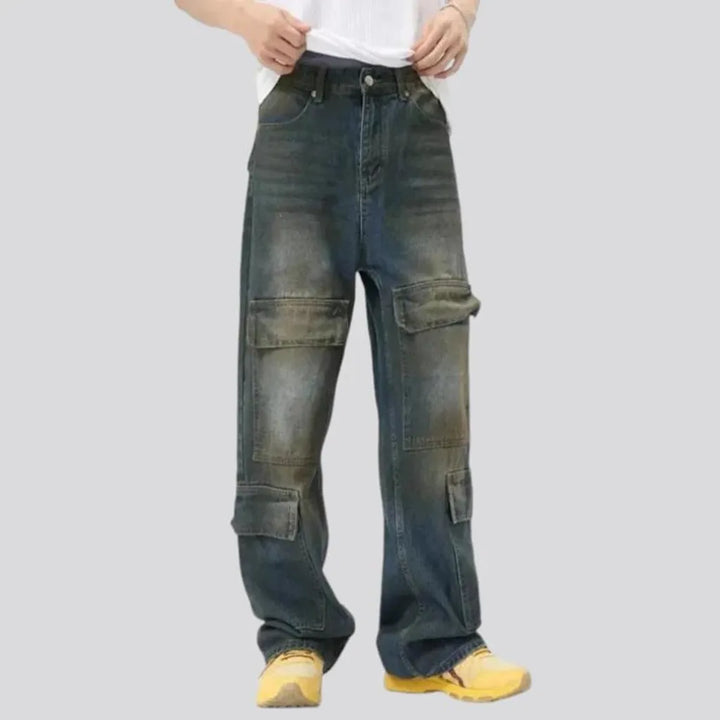 Baggy fit whiskered cargo jeans for men