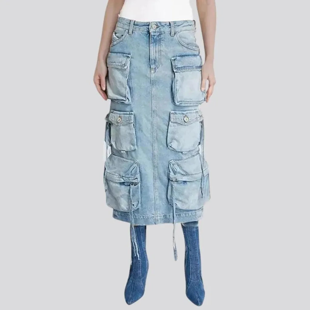 Maxi length cargo pockets jeans skirt