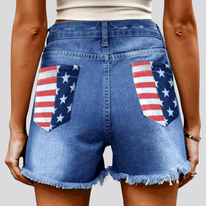 Patched high-waist jean shorts for women