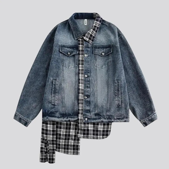 Faded mixed plaid boho jean jacket for men