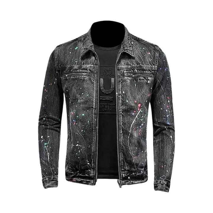 Y2k Paint Pattern Slim Men's Denim Jacket - Black