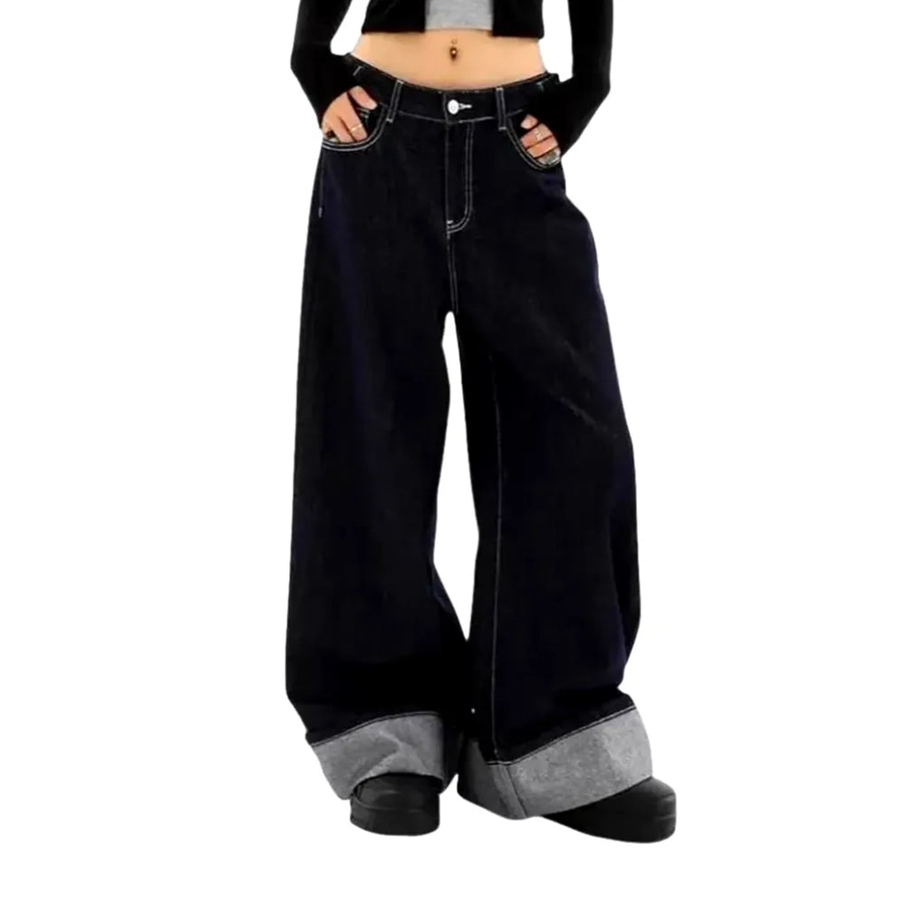 90s Style Baggy-leg High-waist Women's Jeans - Dark Blue