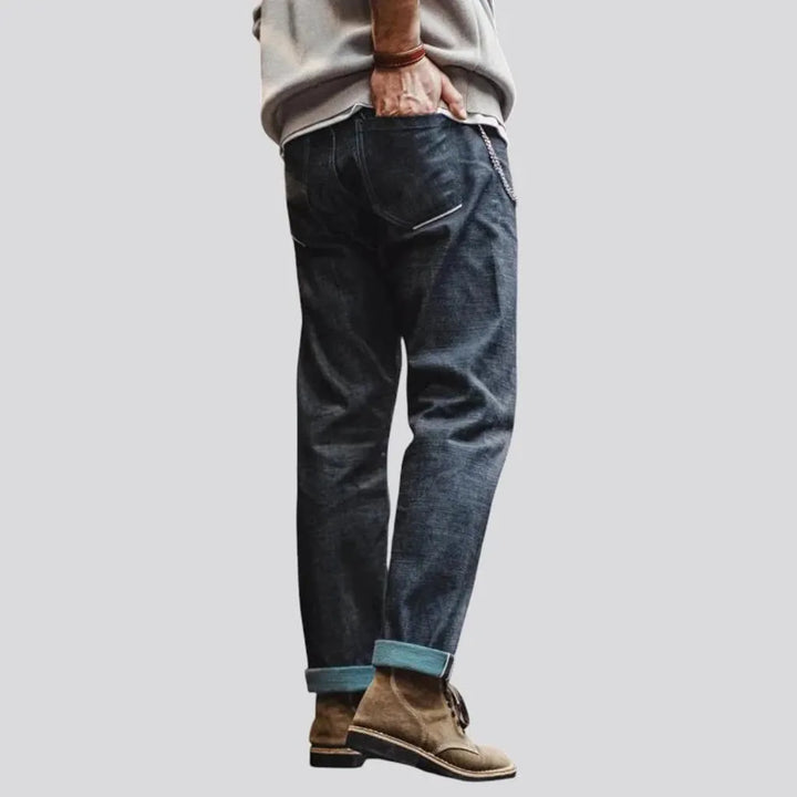 Dark faded cuffed selvedge men's jeans