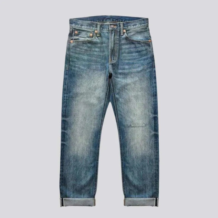 Sanded whiskered selvedge jeans
 for men