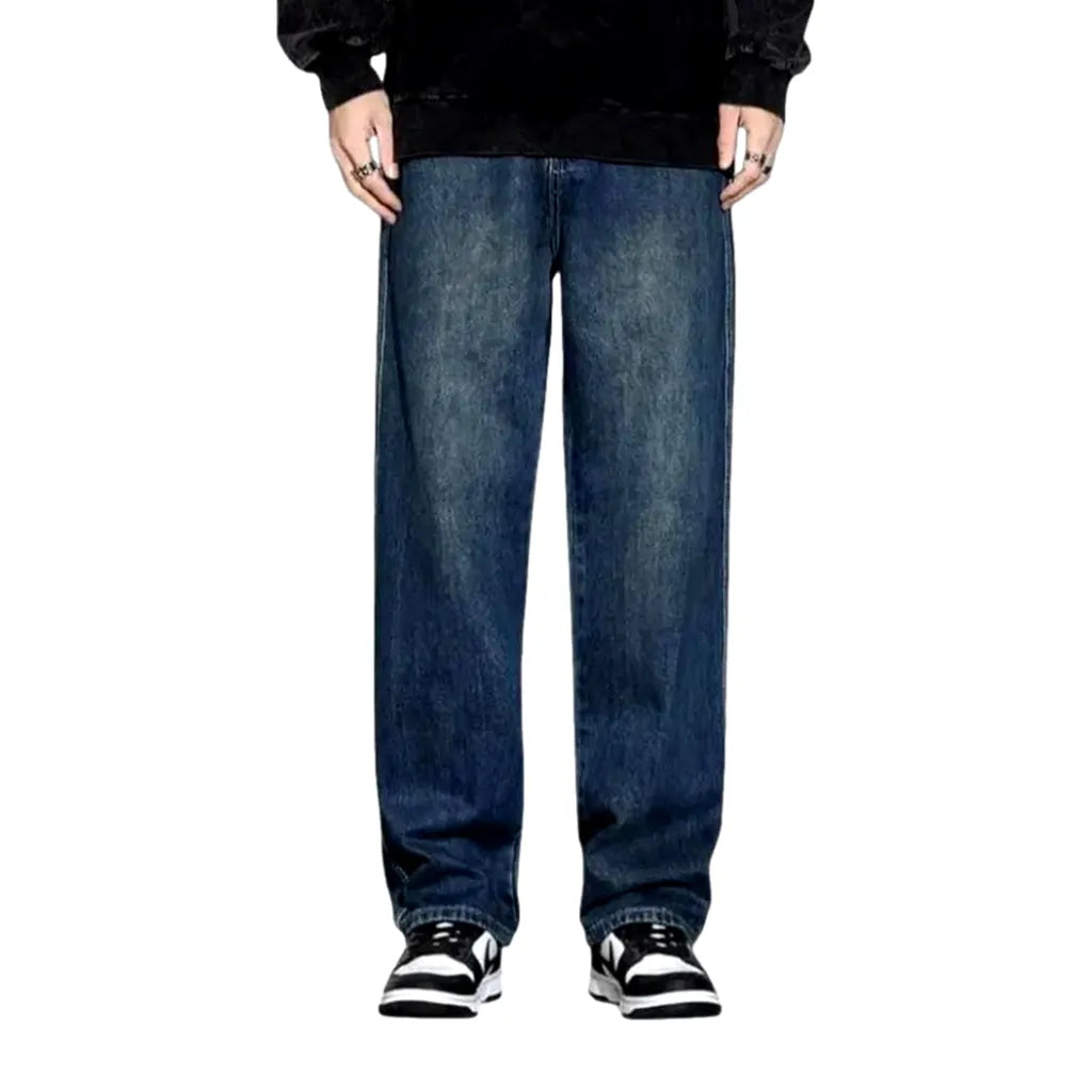 Sanded Boho Style Mid-waist Men's Jeans - Blue