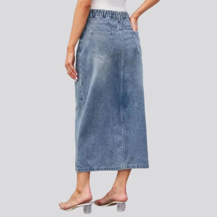 long, vintage, front-slit, sanded, whiskered, high-waist, 5-pockets, zipper-button, women's skirt | Jeans4you.shop