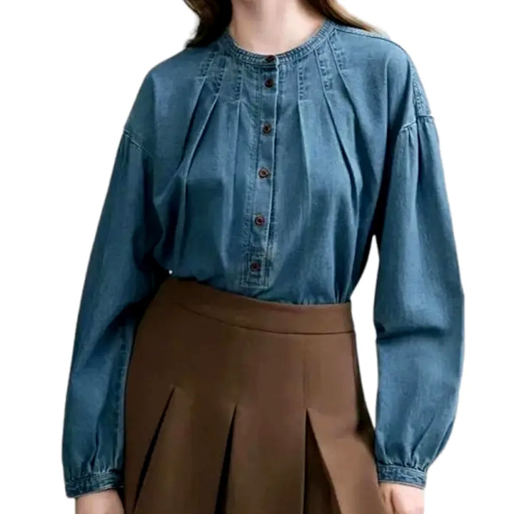 Puffed Sleeves Stylish Jean Shirt for Women - Blue