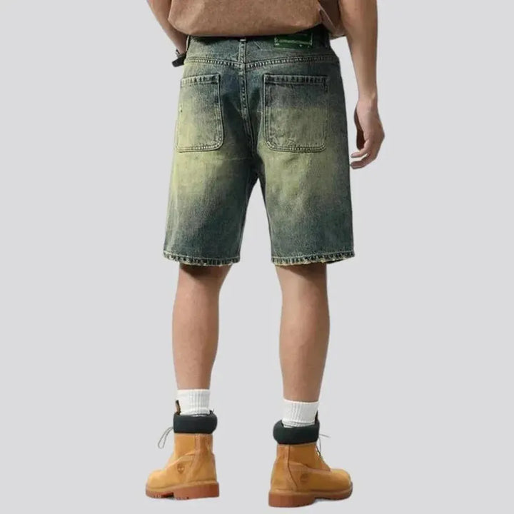 Yellow-cast distressed denim shorts
 for men