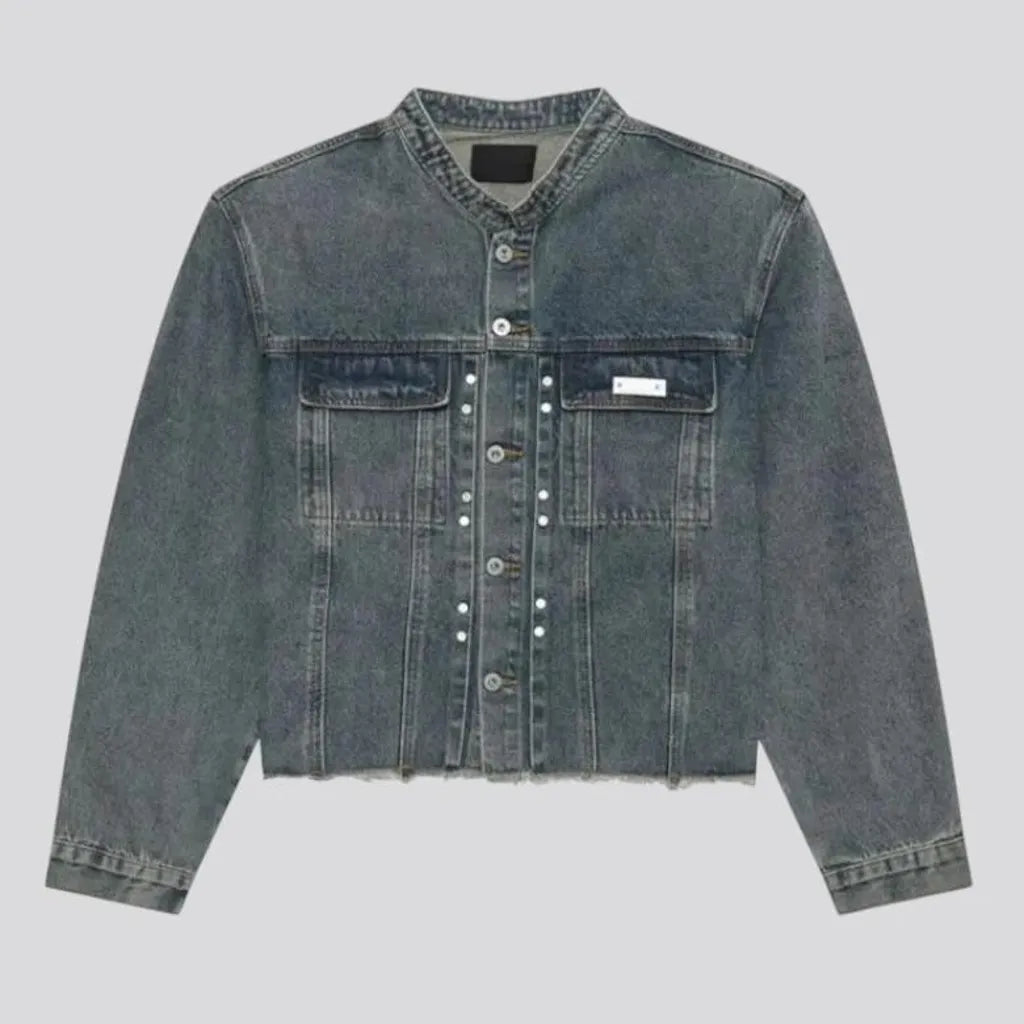 Retro pattern raw hem jeans jacket for men