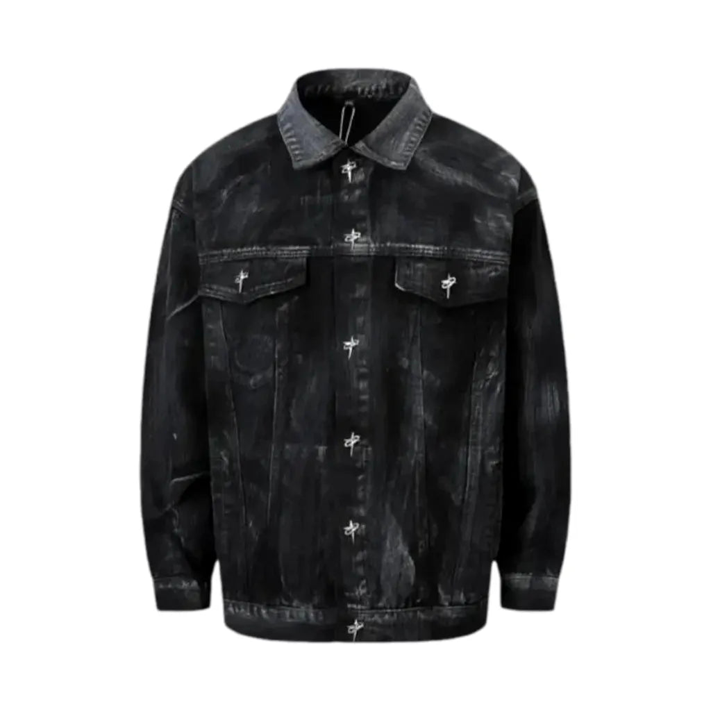 Vintage Pattern Oversized Men's Denim Jacket - Black