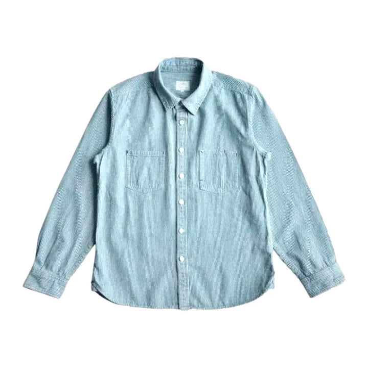 Light Wash Striped Men's Denim Shirt - Light Blue