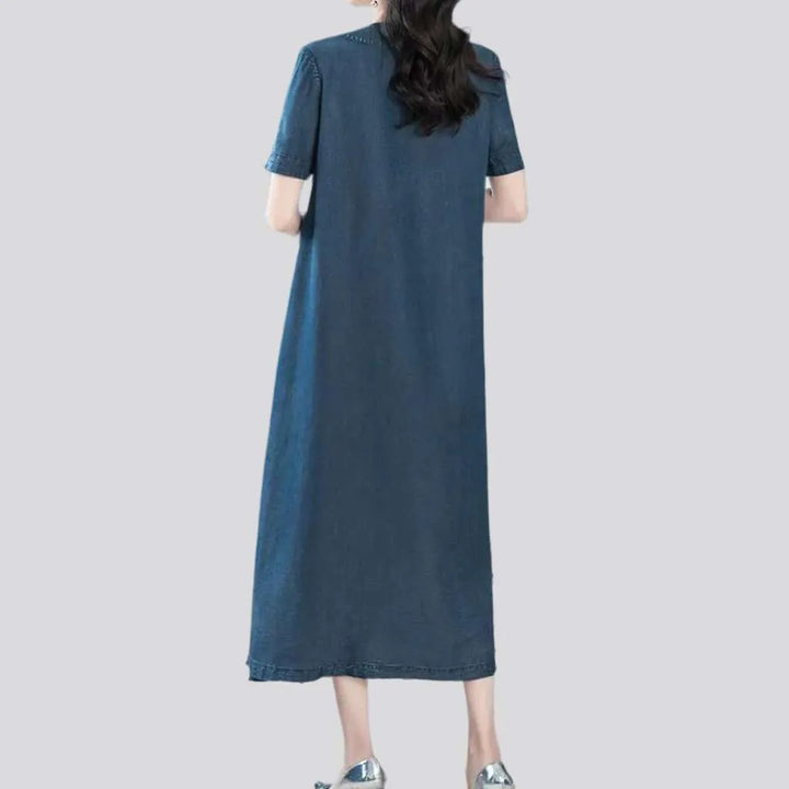 Short sleeves dark wash jean dress
 for women