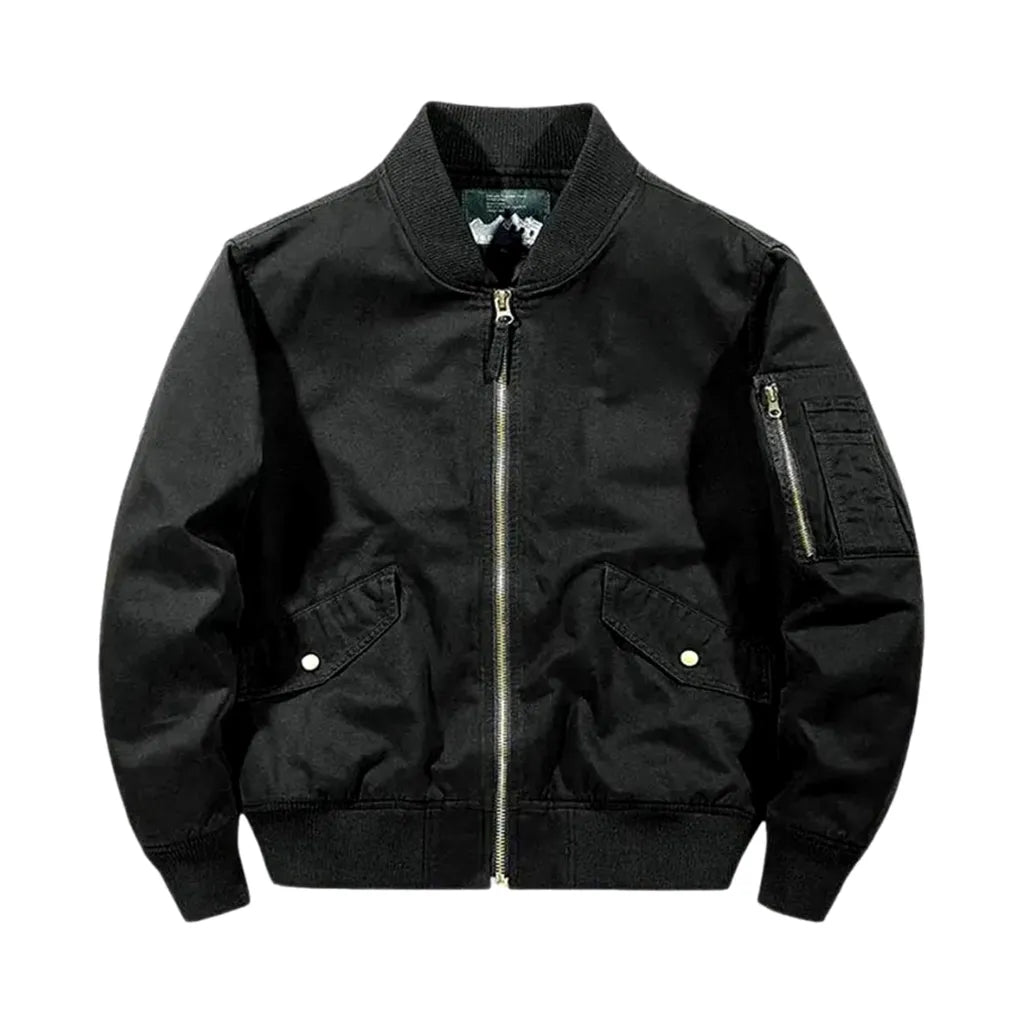 Medium Length Rubber Hem Men's Jean Bomber Jacket - Black