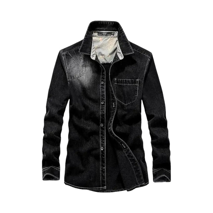 Casual Abraded Jacket Slim-fit Men's Jeans Shirt - Black