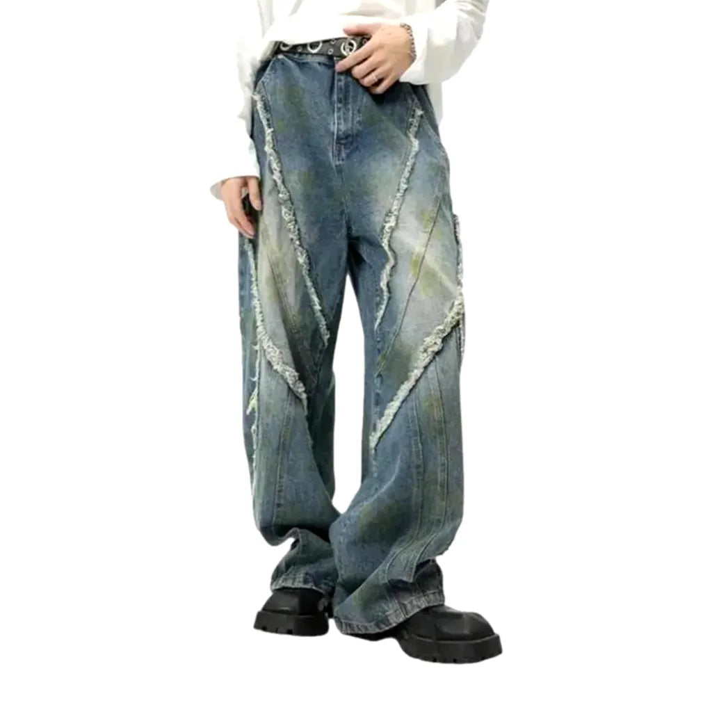 Vintage Boho Style Distressed Men's Jeans - Blue