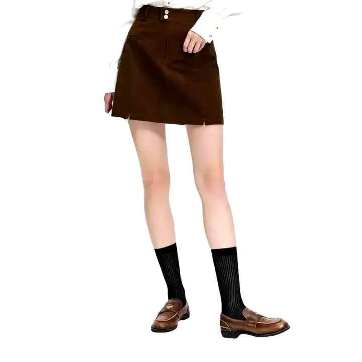 Trendy Colored High Waist Denim Skirt - Brown