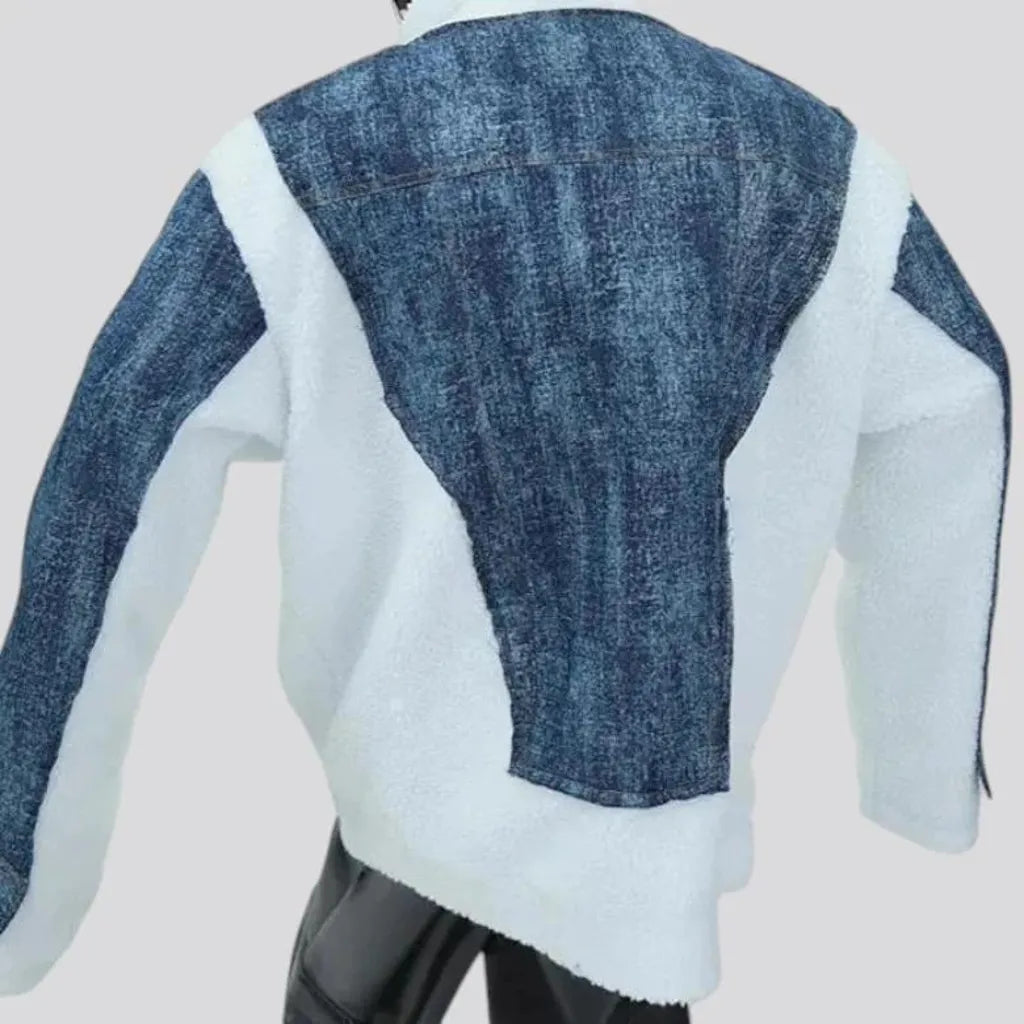 Stonewashed mixed style fleece men's jean jacket