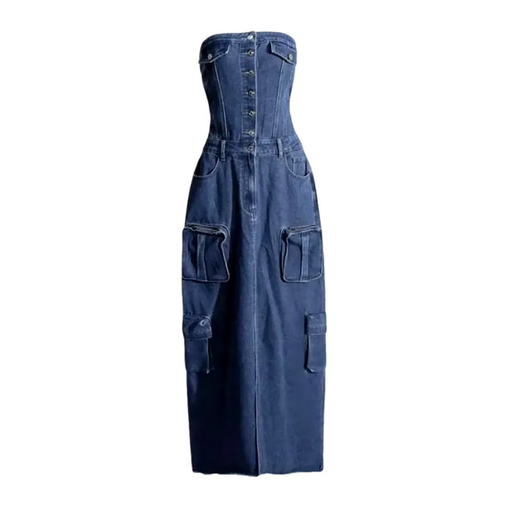 Cargo Pockets Boho Maxi Denim Dress - Blue