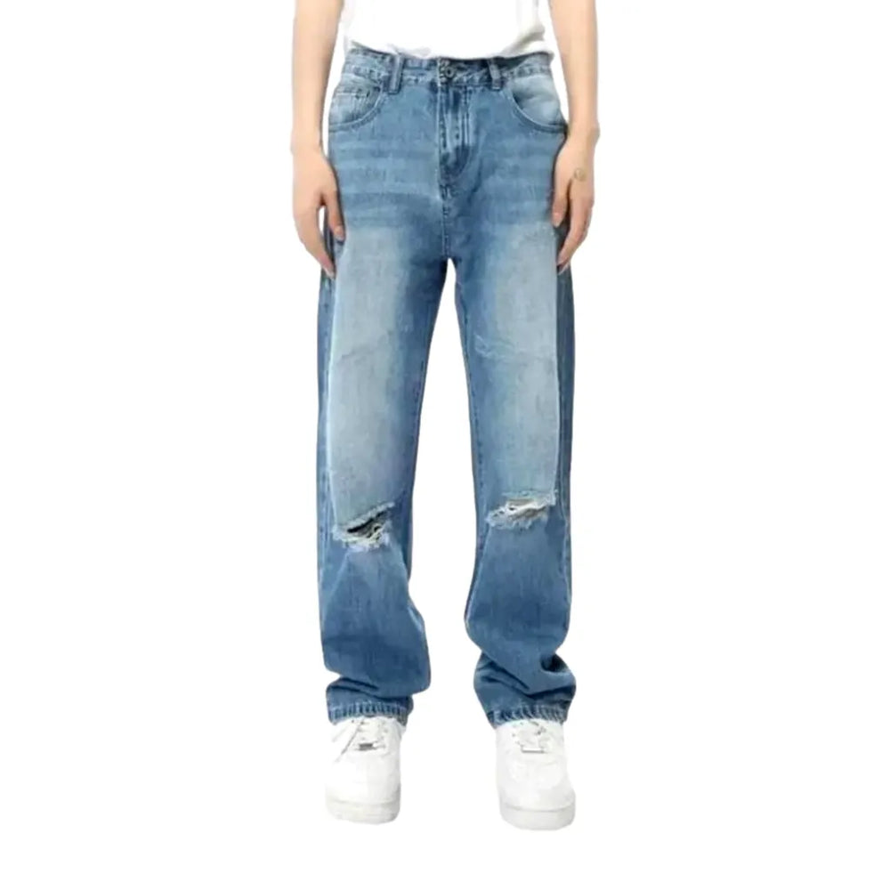 Distressed Look Baggy Men's Jeans - Light Blue