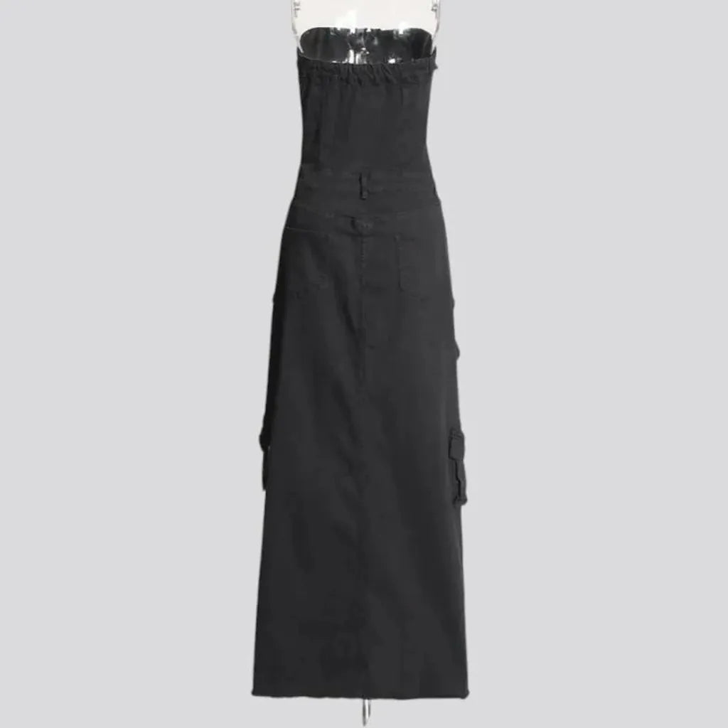 Cargo pockets boho maxi denim dress