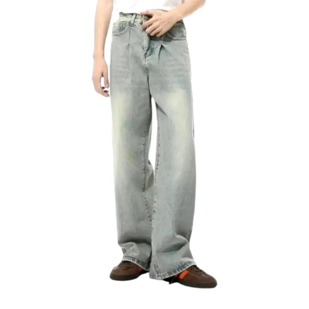 Mid Waist Abraded Baggy Men's Jeans - Light Blue