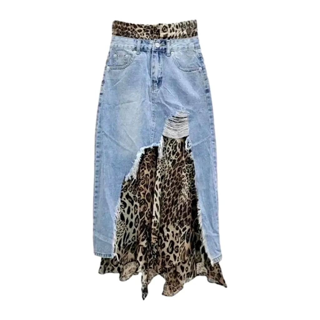 Distressed Leopard Print Denim Skirt - Light Blue