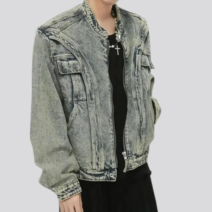 Medium length boho style men's jeans jacket