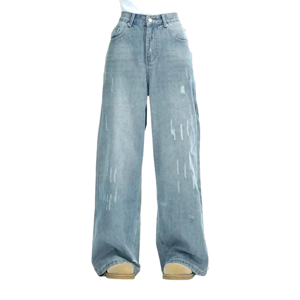 High Waist Wide Fit Boho Jeans for Ladies - Light Blue